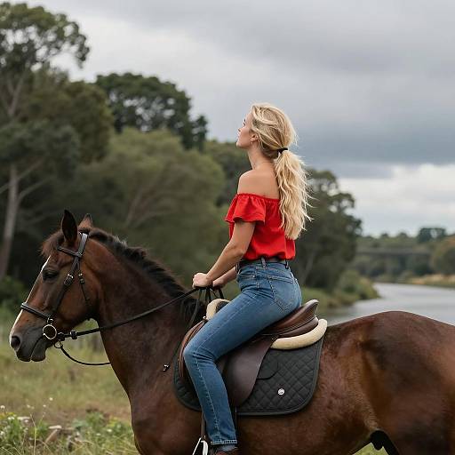 Blonde Woman Riding Horse Under Cloudy Sky