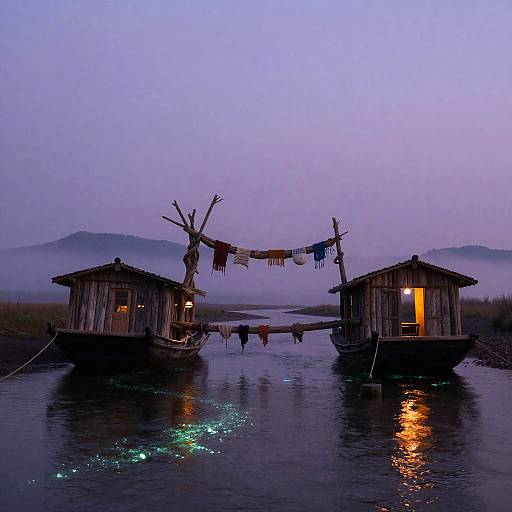 Twilight Driftwood Ferry-Houses with Bioluminescent Water
