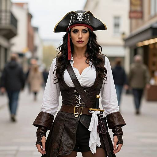 Photograph of a fierce, dark-haired woman in a pirate costume with a black tricorn hat, white shirt, brown corset, and black skirt
