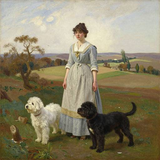 Realistic oil painting of a fair-skinned woman in a blue-gray dress, standing in a countryside field with a white and black dog.