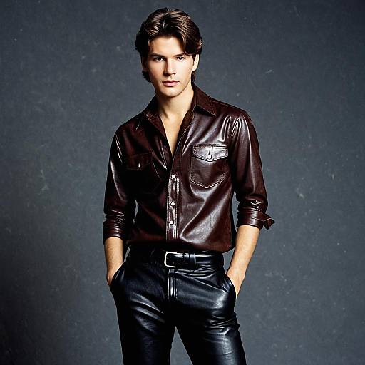 Young Man in Brown Leather Shirt and Black Leather Pants