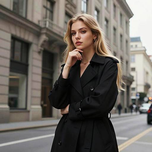 Photograph of a blonde woman with long hair, wearing a black coat, standing confidently on an urban street with historic buildings.