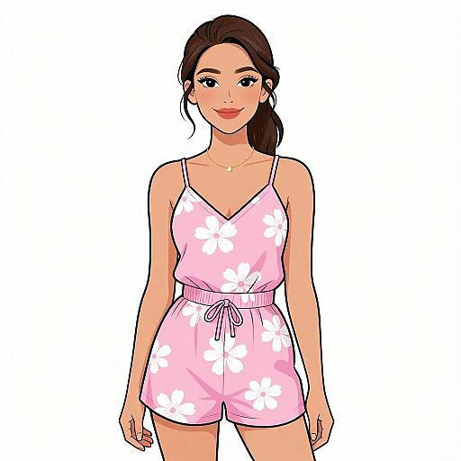 Digital illustration of a smiling woman with medium skin tone, brown hair in a ponytail, wearing a pink floral romper, standing against a white background