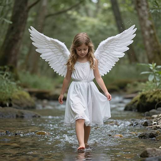 Photograph of a young girl with long brown hair, white angel wings, and a white dress, walking barefoot through a forest stream.
