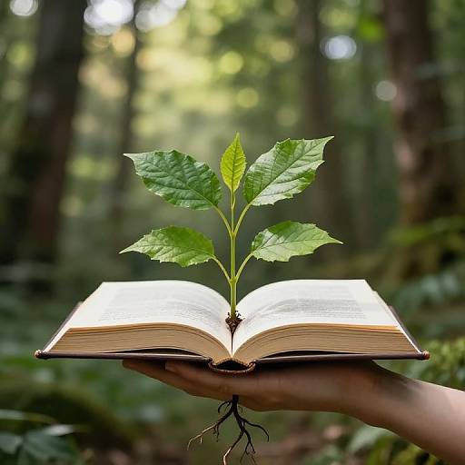 Hand Holding Book with Growing Leaves