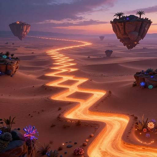 Fantastical desert landscape at sunset, featuring glowing, zigzagging lava-like paths, floating islands with palm trees, and vibrant alien plants, under