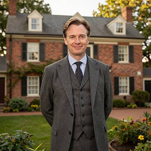Photograph of a smiling, fair-skinned man in a dark gray three-piece suit, standing in front of a red-brick mansion with black shut