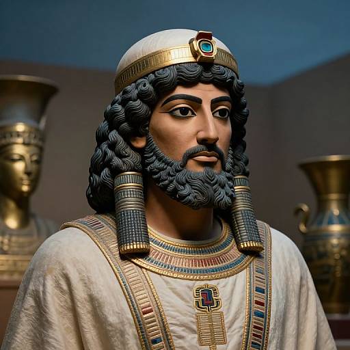 Photograph of a detailed, life-like statue of an ancient Egyptian pharaoh with curly black hair, beard, white linen robe, gold headpiece,