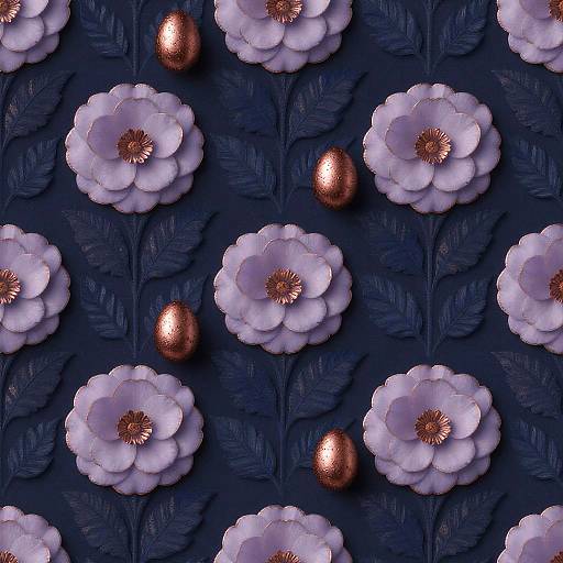 Digital art: Pattern of white, petal-like flowers with pink centers and glowing copper spheres, set against a dark blue, leafy background.
