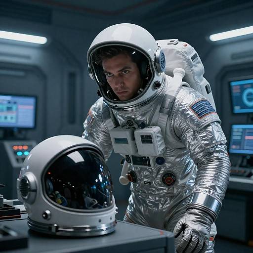 Astronaut in Silver Spacesuit in Control Room