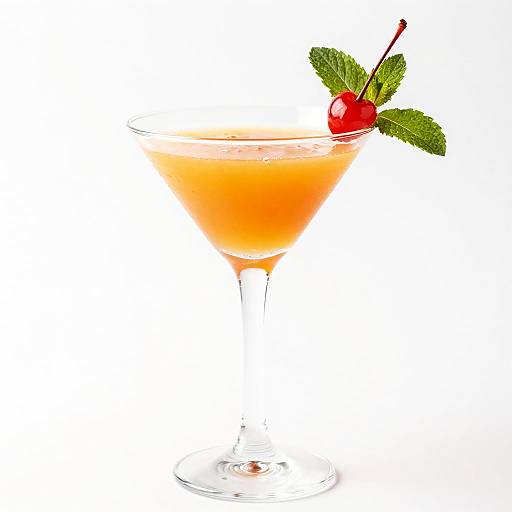 Photograph of a vibrant orange cocktail in a clear martini glass, garnished with a red cherry and mint leaves, against a white background.