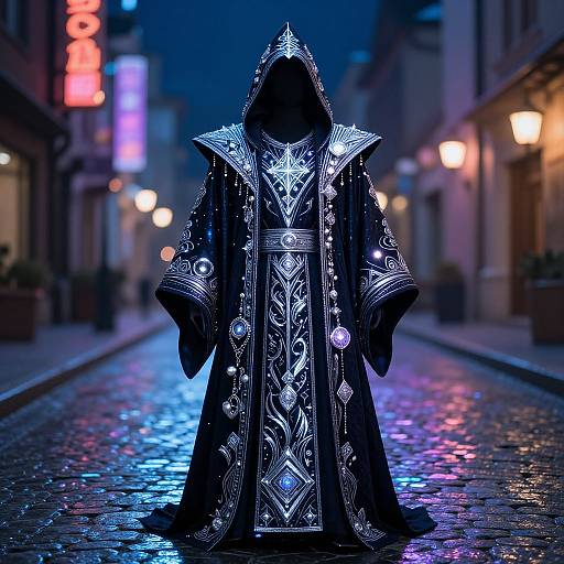 Photograph of a mysterious figure in an ornate, hooded black robe with intricate silver patterns, standing on a glowing, cobblestone street at