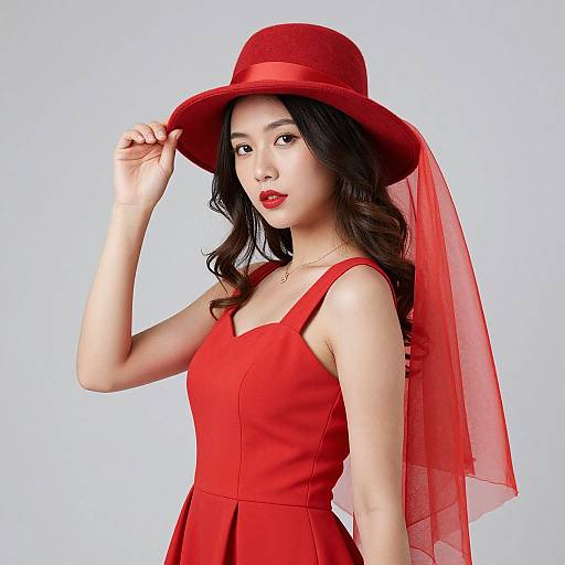 Asian woman with fair skin, wearing a red dress and matching wide-brimmed hat with sheer veil, posing against a light blue background. Photographic