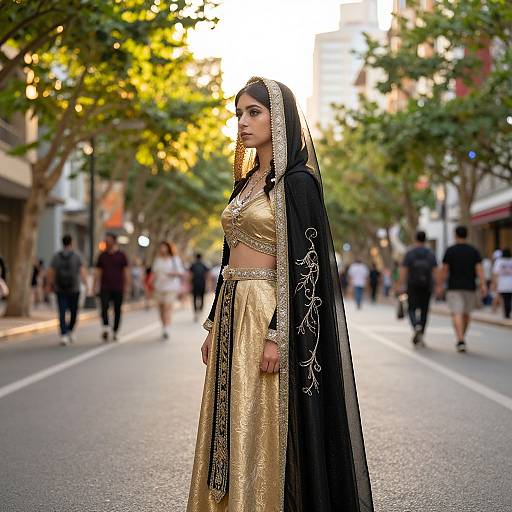 Photograph of a young woman in a golden traditional Indian outfit with intricate embroidery, black veil, and black dupatta, standing on a sunlit,
