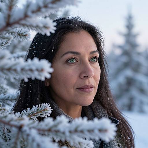 Photograph of a woman with green eyes, long dark hair, and light skin, standing amidst snow-covered pine branches in a winter forest.
