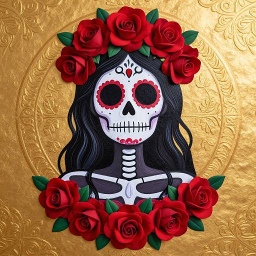 Digital art of a skeletal female face with black hair, red flower crown, and white face paint on a gold, textured background.
