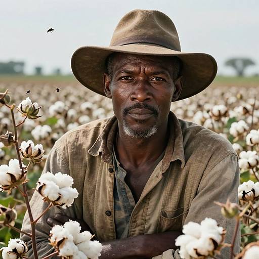 Photograph of a serious, middle-aged African farmer with dark skin, wearing a brown hat and worn shirt, surrounded by a cotton field.