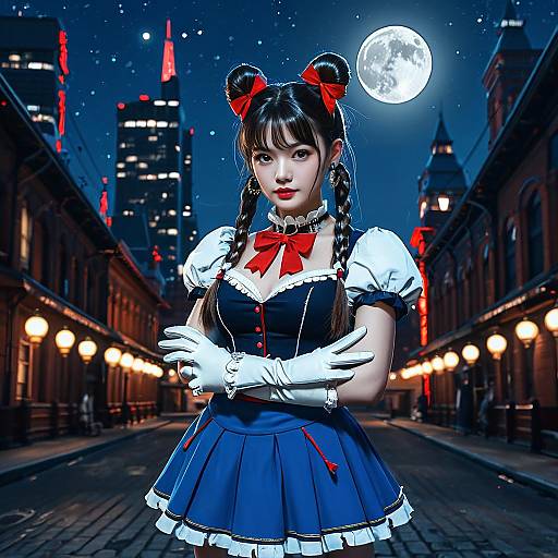 Photograph-style digital artwork of an Asian woman in a blue Alice in Wonderland dress with white gloves and red bows, standing in a moonlit, urban