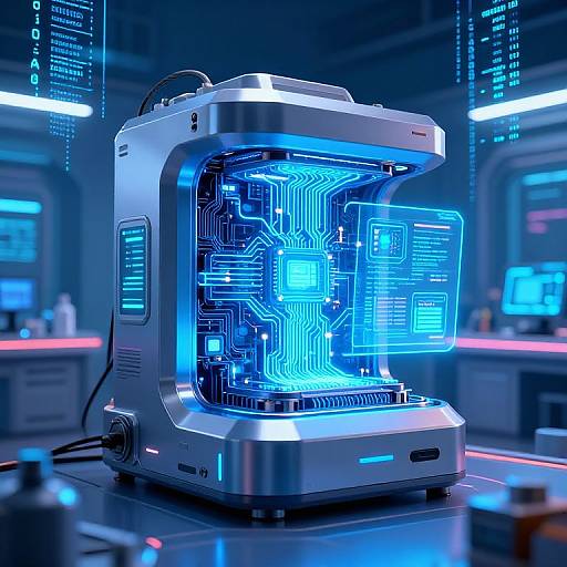 Photorealistic CGI of a futuristic, glowing blue circuitry display inside a sleek, metallic, cube-shaped device on a high-tech laboratory bench.