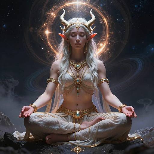 Digital fantasy art of a white-haired, horned, elven woman meditating in a cosmic background, wearing golden jewelry and white attire.