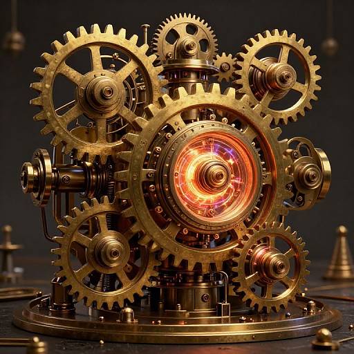 Photorealistic CGI of intricate golden mechanical gears and cogs with a glowing red central light, set against a dark background.