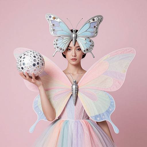 Photorealistic CGI of an Asian woman with butterfly wings and headpiece, holding a spotted orb, wearing a pastel ball gown, against a pink