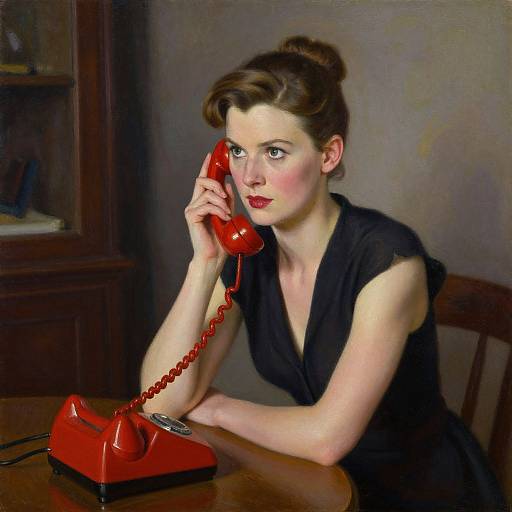 Vintage-style photograph of a fair-skinned woman with brown hair in an updo, wearing a black dress, talking on a bright red rotary phone at