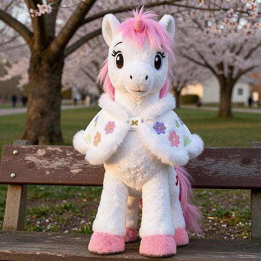 Photograph of a fluffy white unicorn costume with pink mane and hooves, standing on a wooden bench, cherry blossom trees in the background.