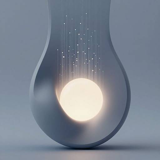 Digital CGI of a sleek, blue, teardrop-shaped object with glowing white center emitting vertical light lines against a gradient blue background.