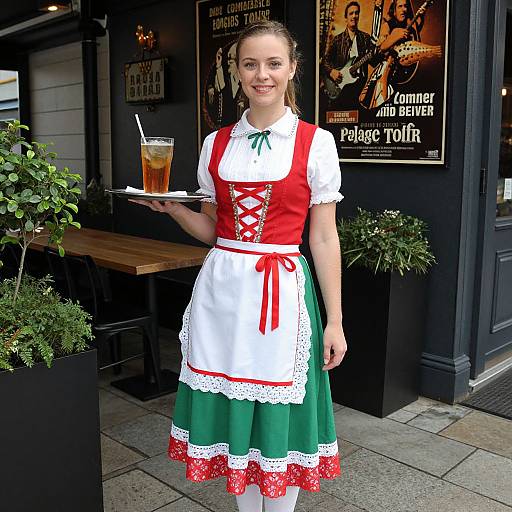 Photograph of a smiling young woman in traditional German dirndl, holding a drink tray, standing in a dark-themed café with potted plants and vintage