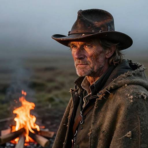 Photograph of a rugged, bearded man in a weathered cowboy hat and worn coat, standing by a burning campfire at twilight.
