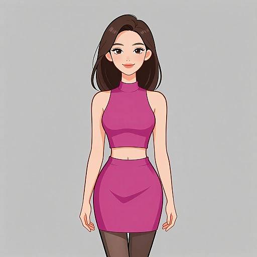 Digital anime-style drawing of a smiling woman with long dark brown hair, wearing a sleeveless pink crop top and matching skirt, black tights, on