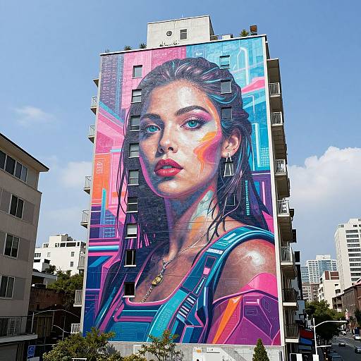 Vibrant urban mural of a striking young woman with blue eyes, red lips, and colorful hair on a high-rise building.