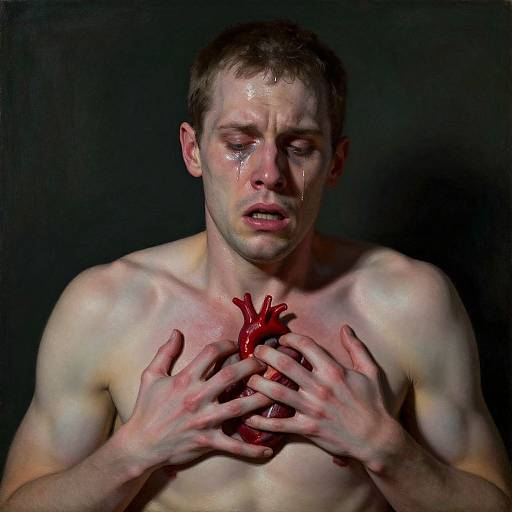 Photograph of a shirtless, pale, sweaty young man with short brown hair, holding a bloody heart in his hands, eyes closed, against a