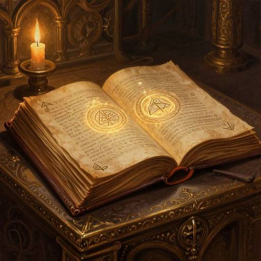 Mystical illuminated open book with glowing runes on ornate wooden table, lit by a single candle in a medieval-style holder.
