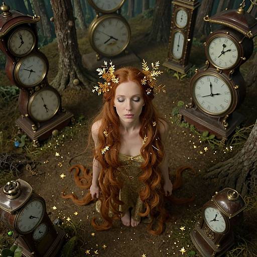 Photograph-style digital art: Red-haired fairy with wavy hair, golden leaves crown, and brown dress, surrounded by six antique clocks in a dark
