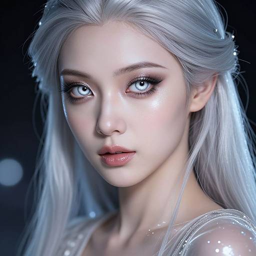 Digital artwork of a fair-skinned, silver-haired woman with glowing blue eyes, luminous skin, and delicate makeup, set against a dark, star