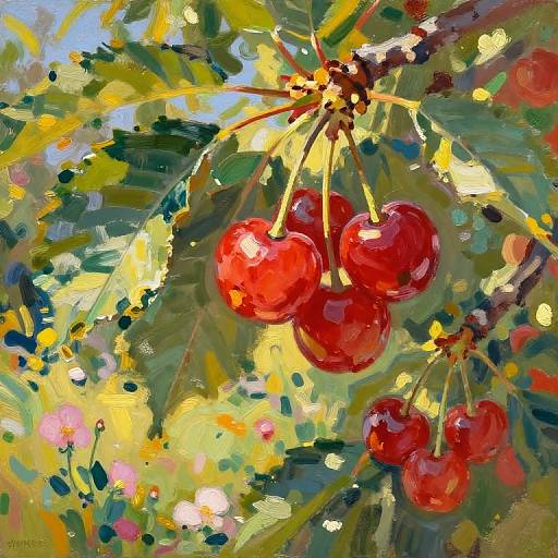 Impressionist Bright Red Cherry Cluster