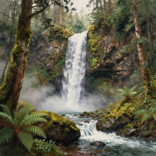 Misty Waterfall in Pacific Rainforest