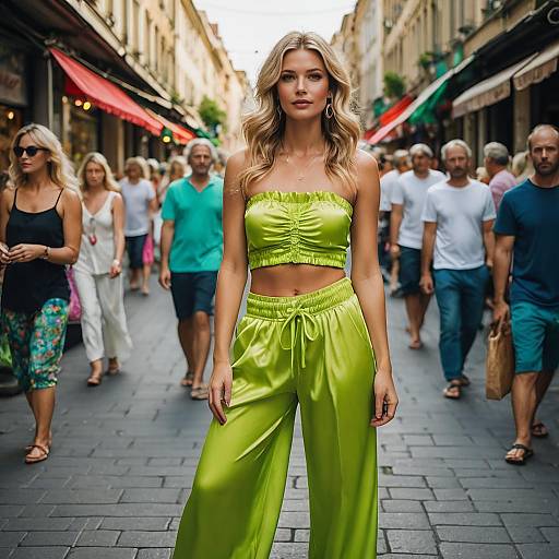 Blonde Woman in Neon Green Outfit on European Street