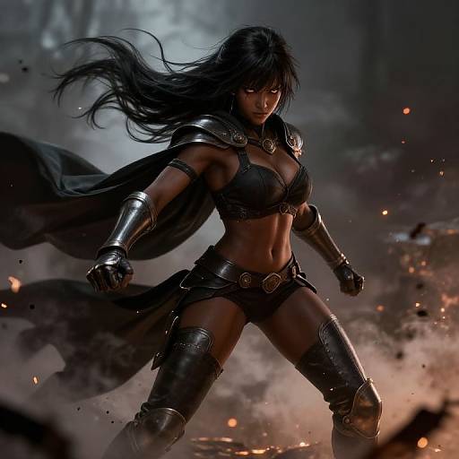 Digital artwork of a fierce, dark-skinned warrior woman with glowing red eyes, black hair, and armor, standing amidst smoke and embers.