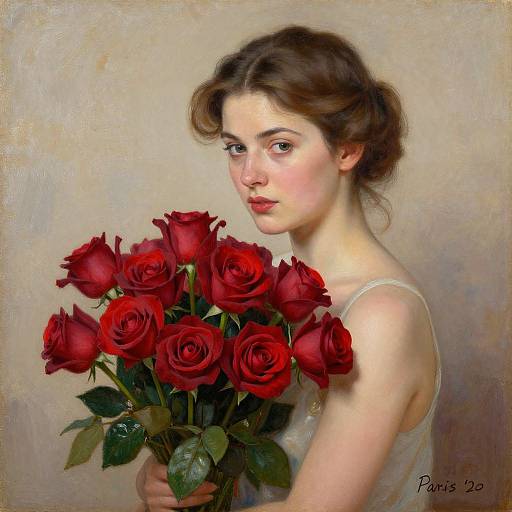 Digital painting of a young woman with fair skin and brown hair, holding a bouquet of vivid red roses, wearing a white sleeveless top, against a