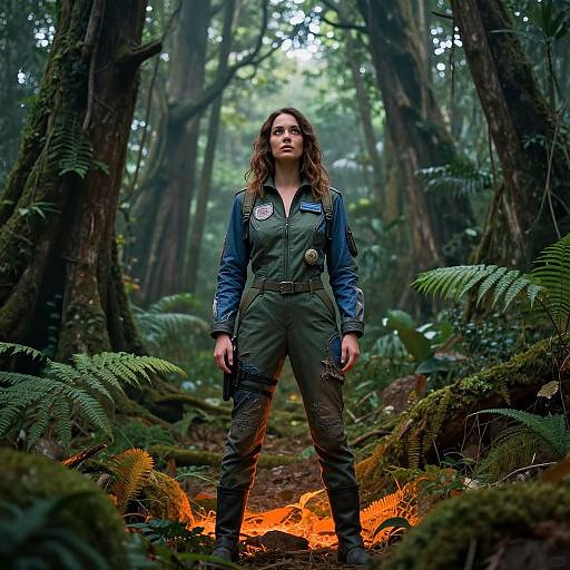 Photograph of a curly-haired woman in green jumpsuit standing confidently in a misty, dense forest with ferns, tall trees, and glowing orange
