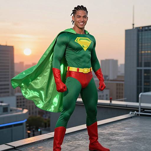 Photorealistic CGI of a smiling Black man with dreadlocks in a green and red superhero costume with cape, standing on a rooftop at sunset. City