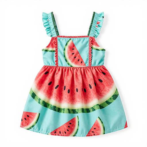 Photograph of a sleeveless, watermelon-patterned children's dress with ruffled straps, featuring large watermelon slices and green rind details on