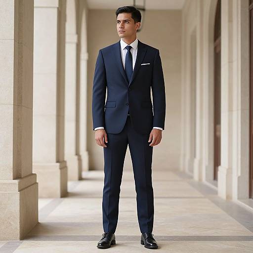 Photograph of a tall, handsome man with dark hair, standing in a sunlit, beige-columned hallway, wearing a sharp navy suit, white