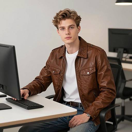 Confident Young Man in Brown Leather Jacket at Workspace