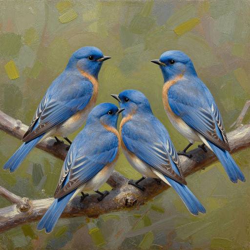 Digital painting of three vibrant blue and orange birds with black eyes, perched on a branch against a green, leafy background.