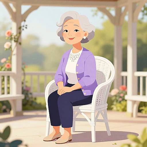 Digital illustration of an elderly woman with white hair, wearing a purple cardigan, white blouse, and dark pants, sitting on a white wicker chair