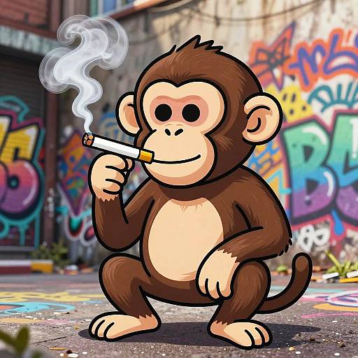 Cartoon monkey smoking a cigarette in a colorful, graffiti-covered urban alley. Smoke curls upwards, contrasting with the vivid background. Digital art style.